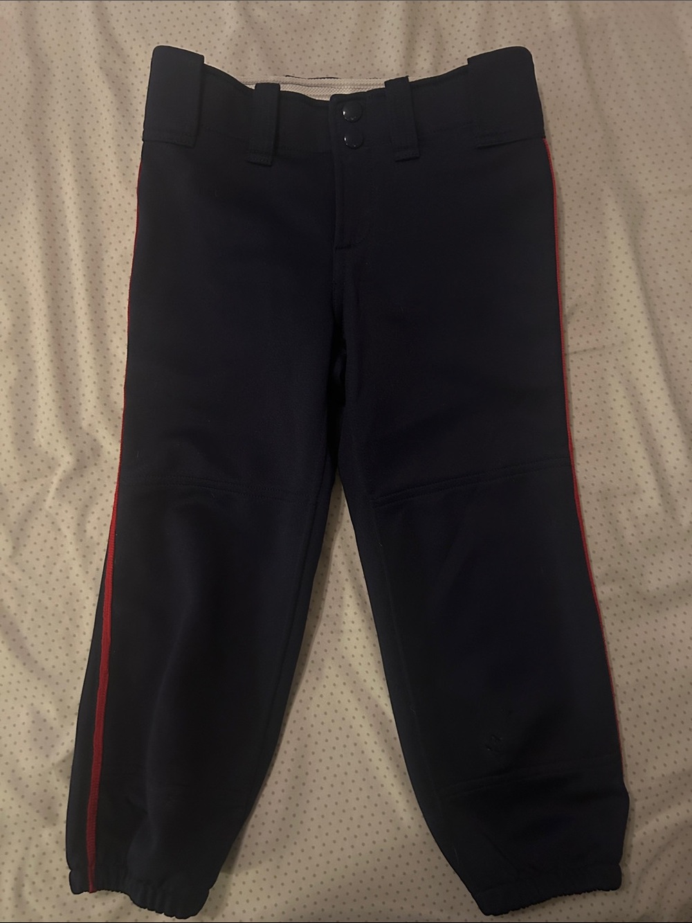 Mizuno Navy Youth Softball Pants with Red Side Stripe